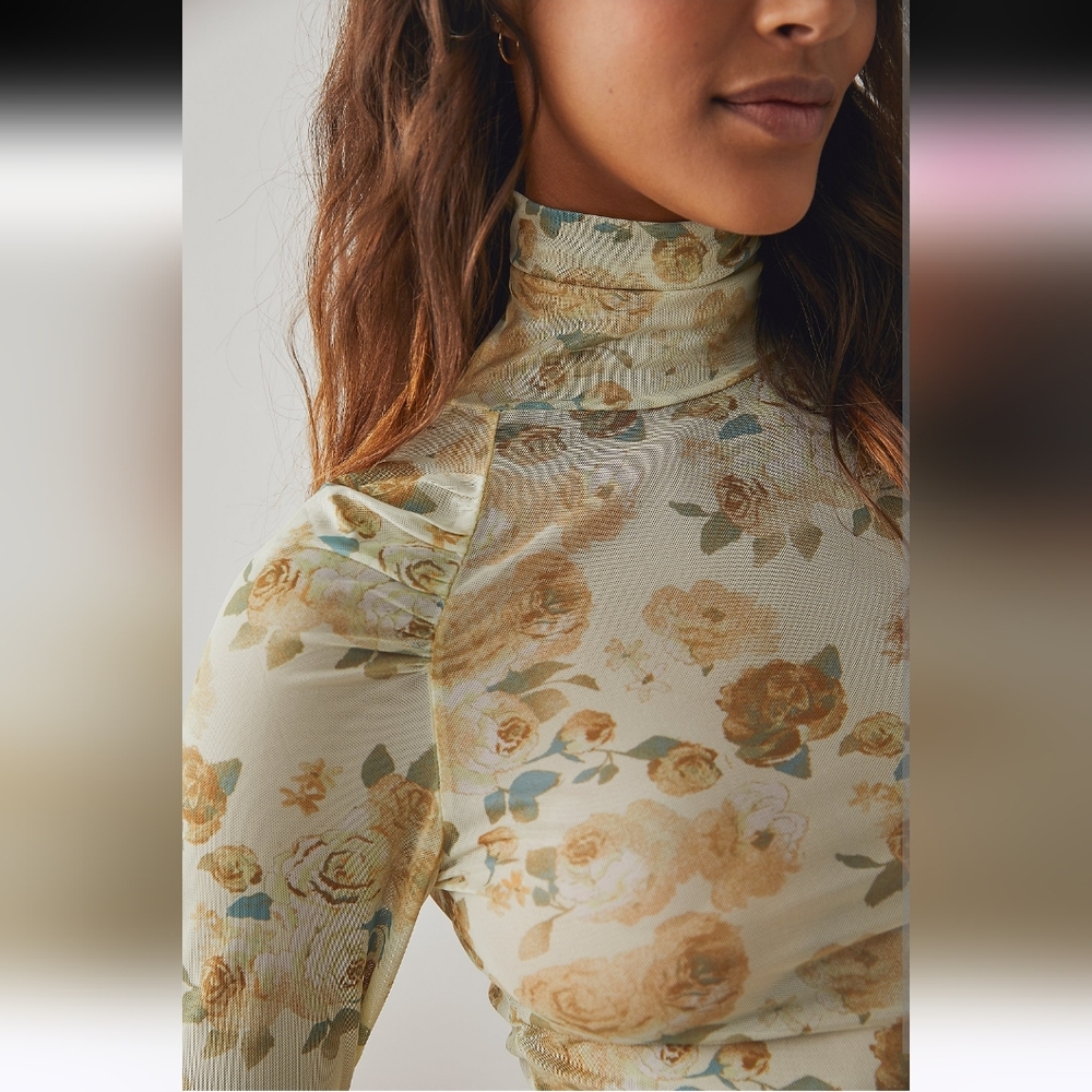 Free People Floral High Neck Blouse - Cream and Gold